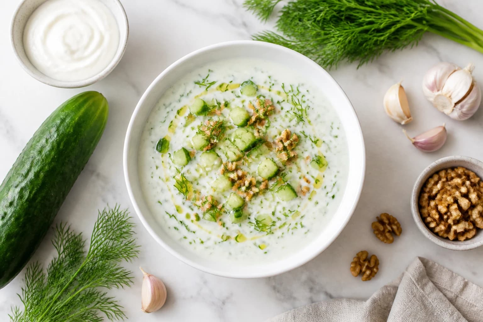 Soupe froide concombre yaourt aneth façon tarator bulgare avec noix et aneth, vue de dessus