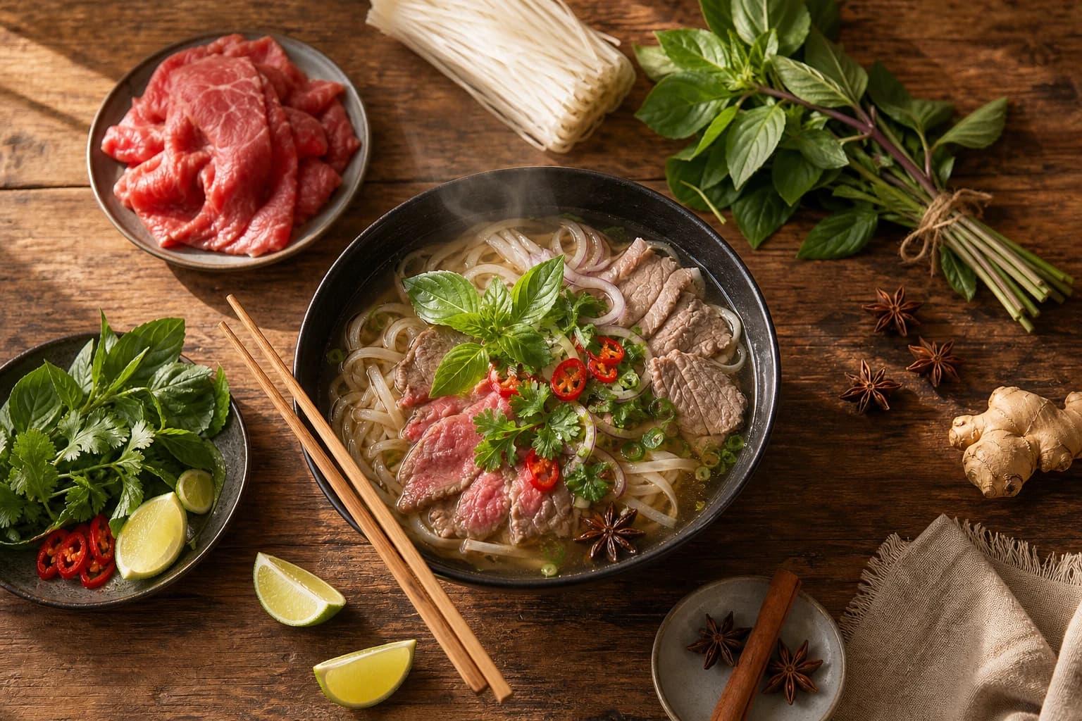 Pho vietnamien léger au bœuf maigre, bouillon parfumé anis étoilé cannelle, basilic thaï et germes de soja