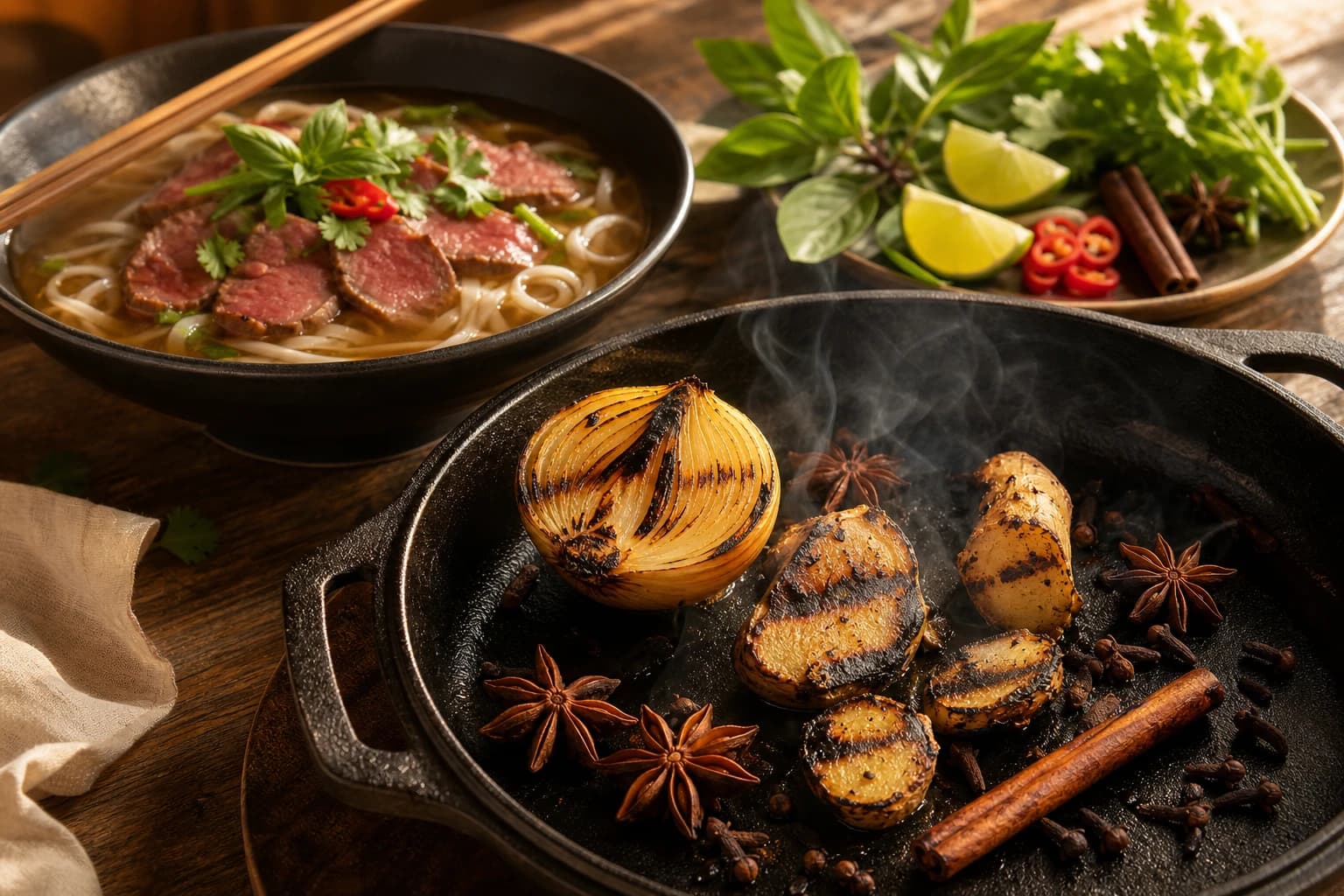 Etape 1 : Torréfier oignon, gingembre et épices — Phở vietnamien au bœuf, allégé