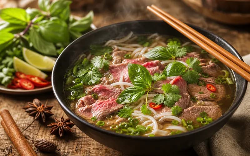 Bol de phở vietnamien fumant avec bouillon ambré, nouilles de riz, lamelles de bœuf et herbes fraîches