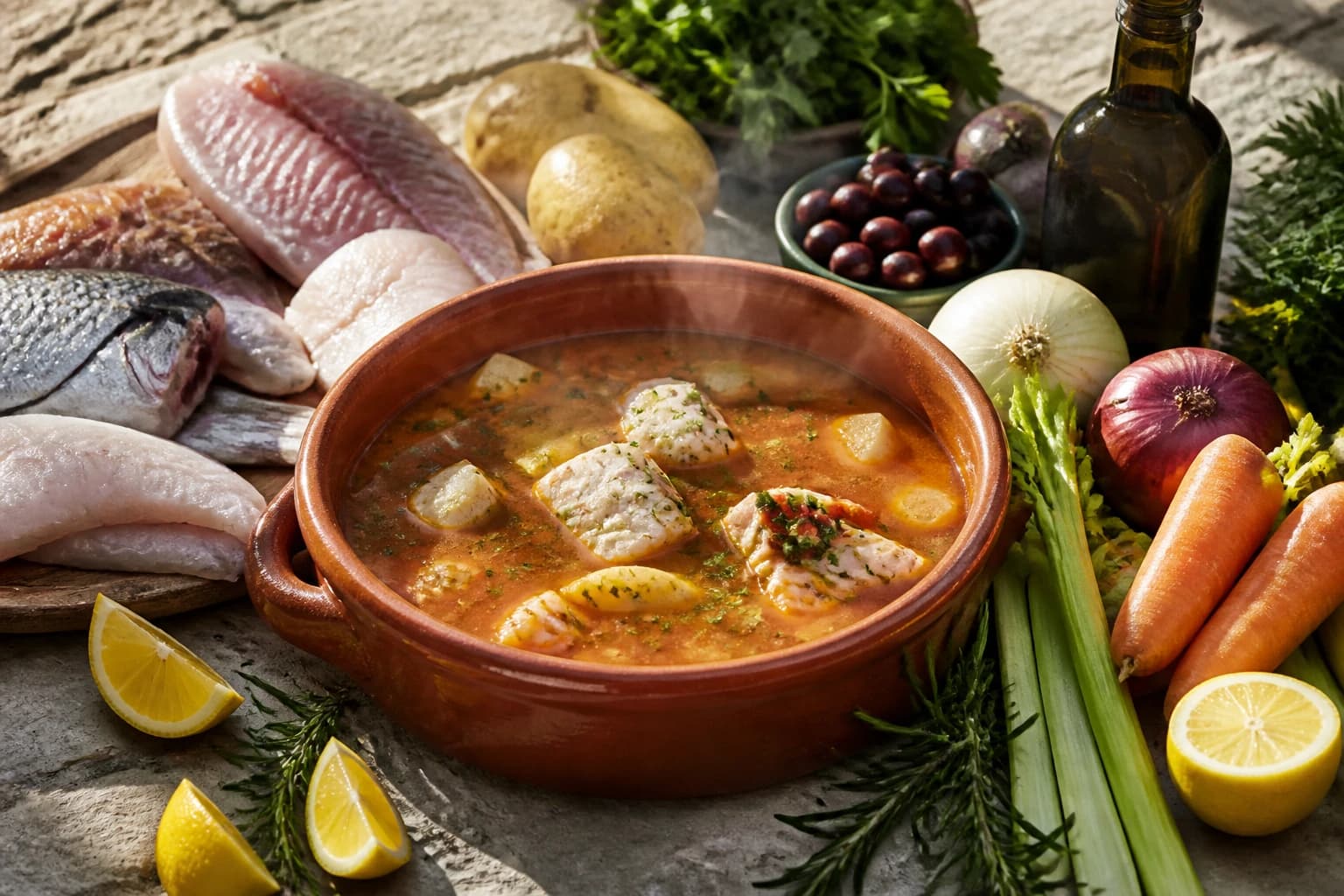 Soupe de poisson grecque kakavia avec morceaux de poisson, pommes de terre et bouillon citronné des pêcheurs