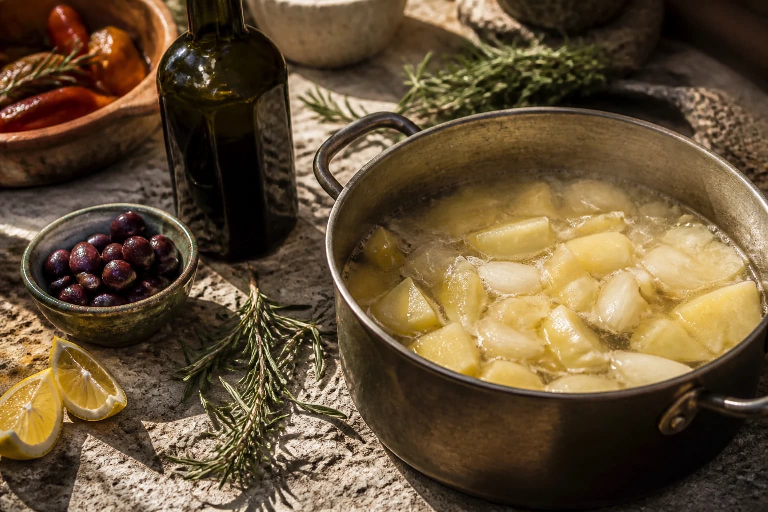 Etape 2 : Cuire les pommes de terre et les légumes — Soupe de poisson grecque kakavia