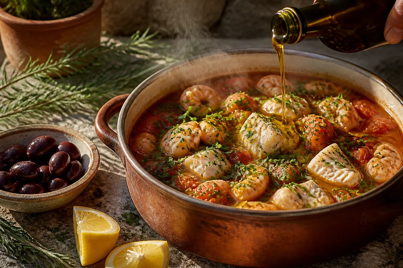 Etape 4 : Finir au citron et à l'huile d'olive — Soupe de poisson grecque kakavia