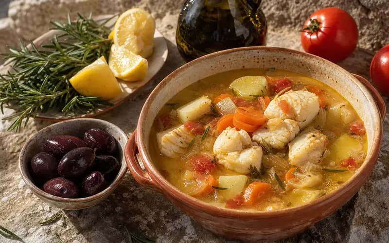 Soupe de poisson grecque kakavia, bouillon parfumé aux légumes et poisson frais