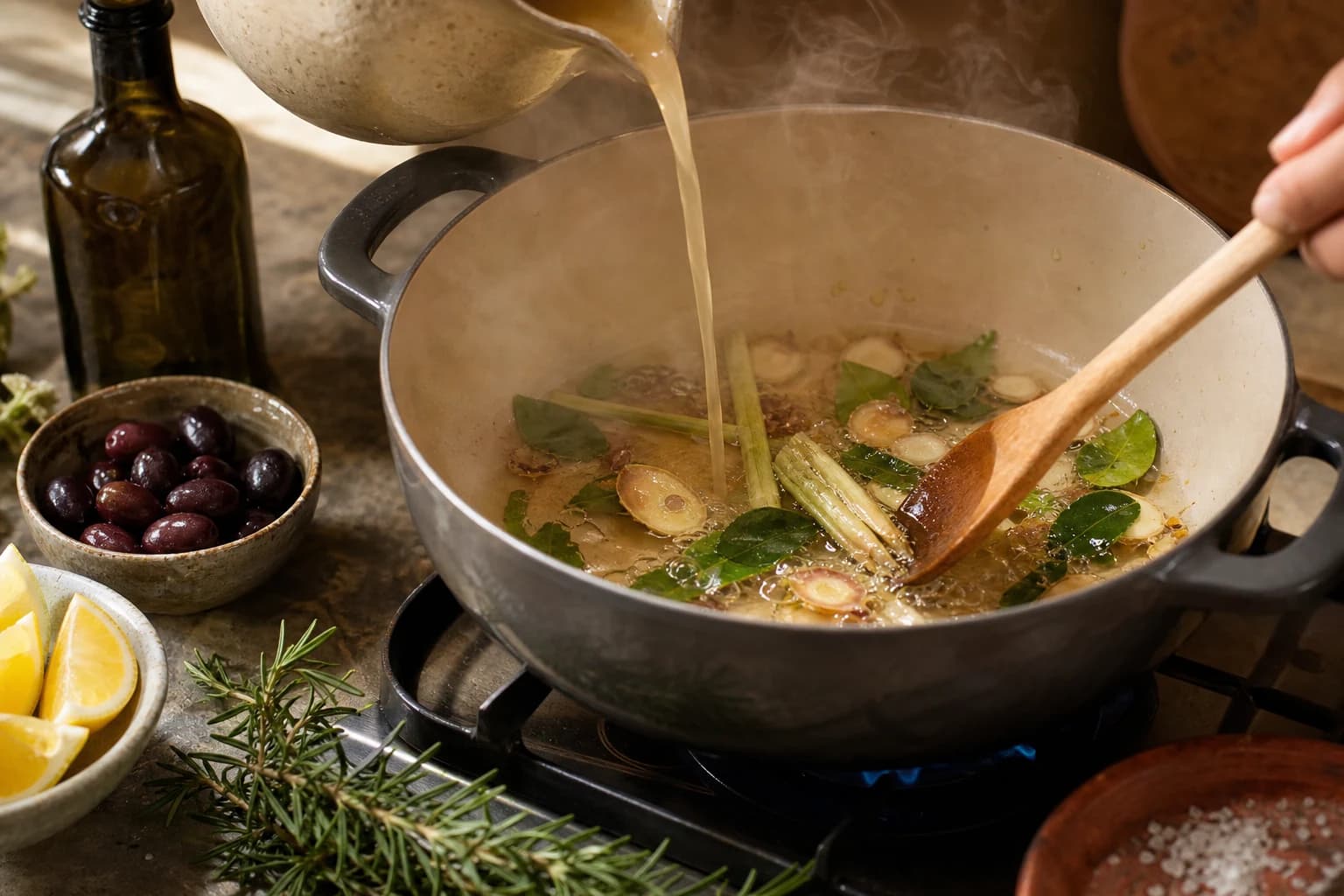 Etape 2 : Infuser le bouillon parfumé — Soupe thaï tom kha poulet & coco