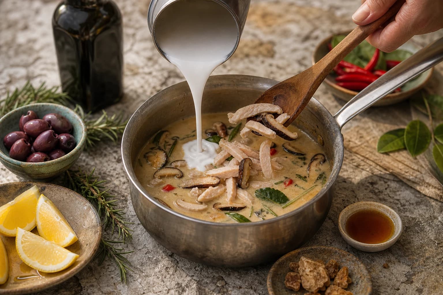 Etape 3 : Cuire le poulet et les champignons — Soupe thaï tom kha poulet & coco