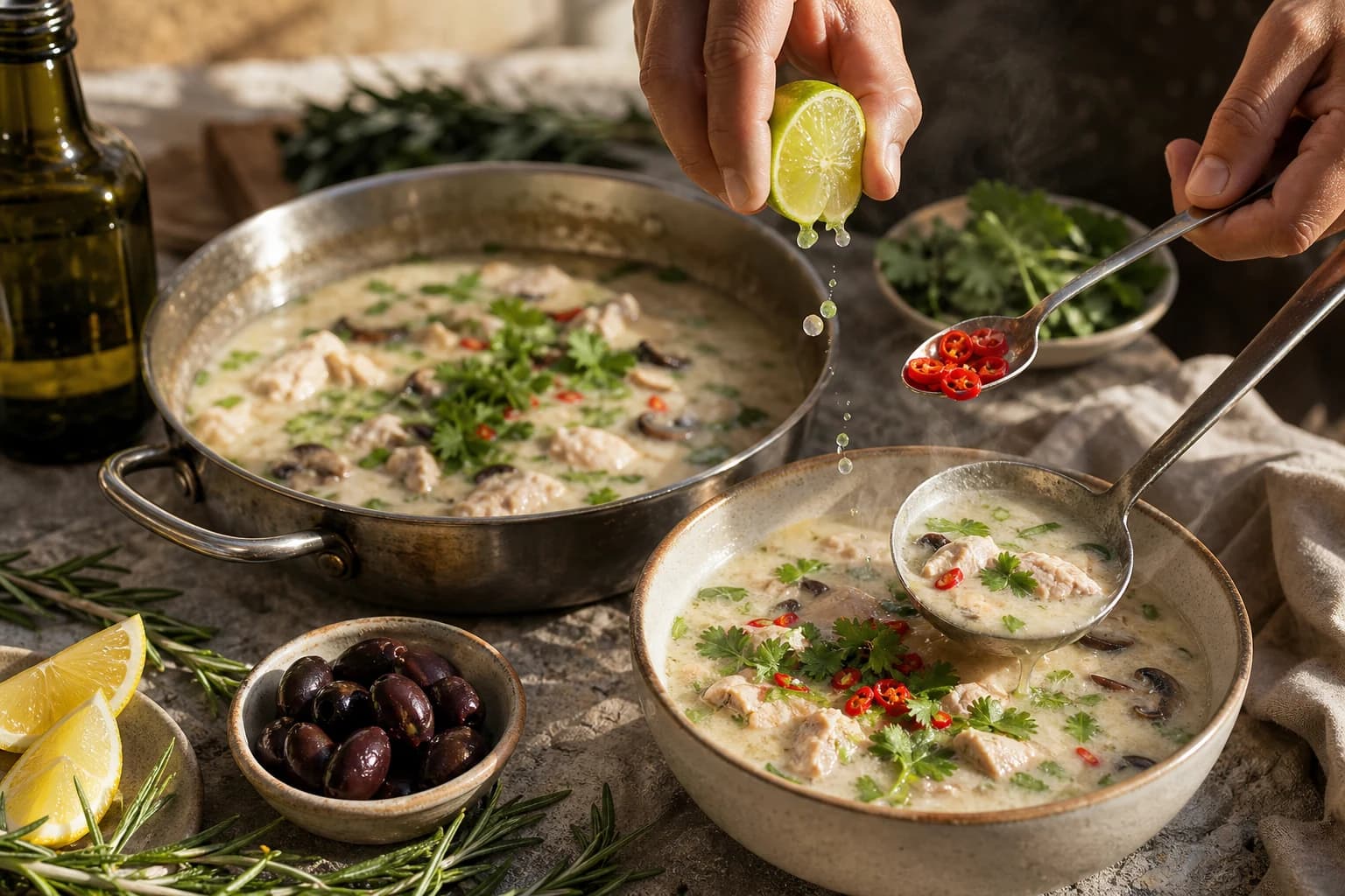 Etape 4 : Assaisonner et servir — Soupe thaï tom kha poulet & coco