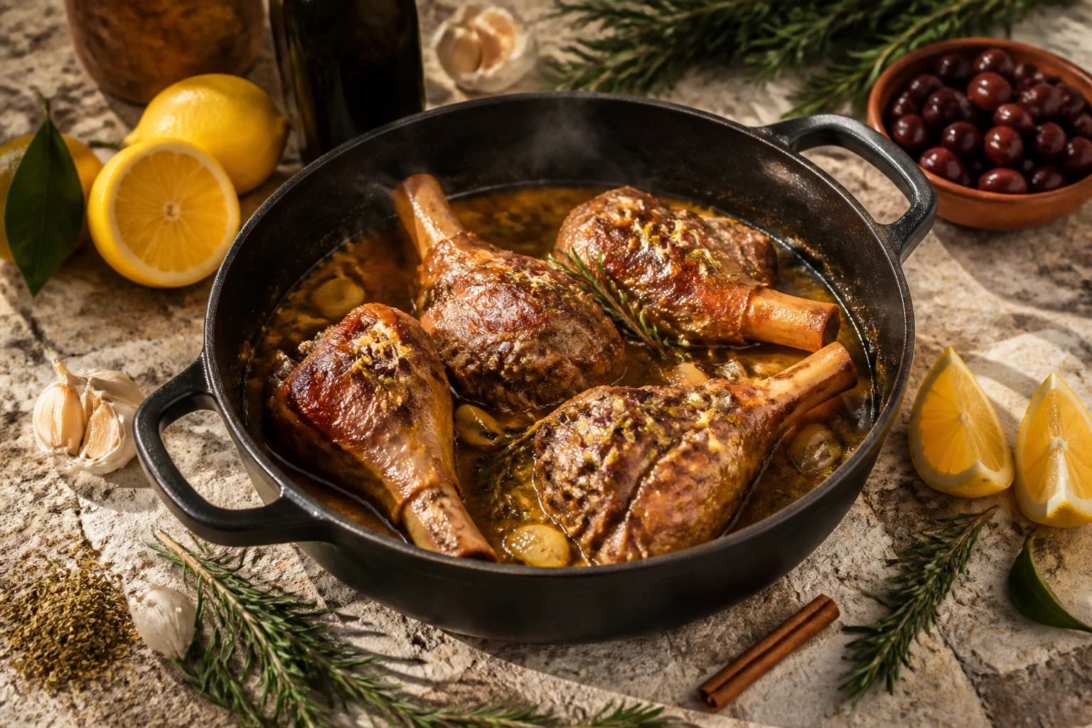 Souris d'agneau confite au four nappée de jus citronné à l'ail et l'origan, plat mijoté grec fondant
