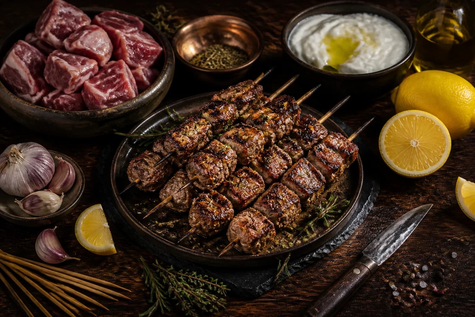 Souvlaki d'agneau grec sur brochettes dorées avec tzatziki, citron et origan frais