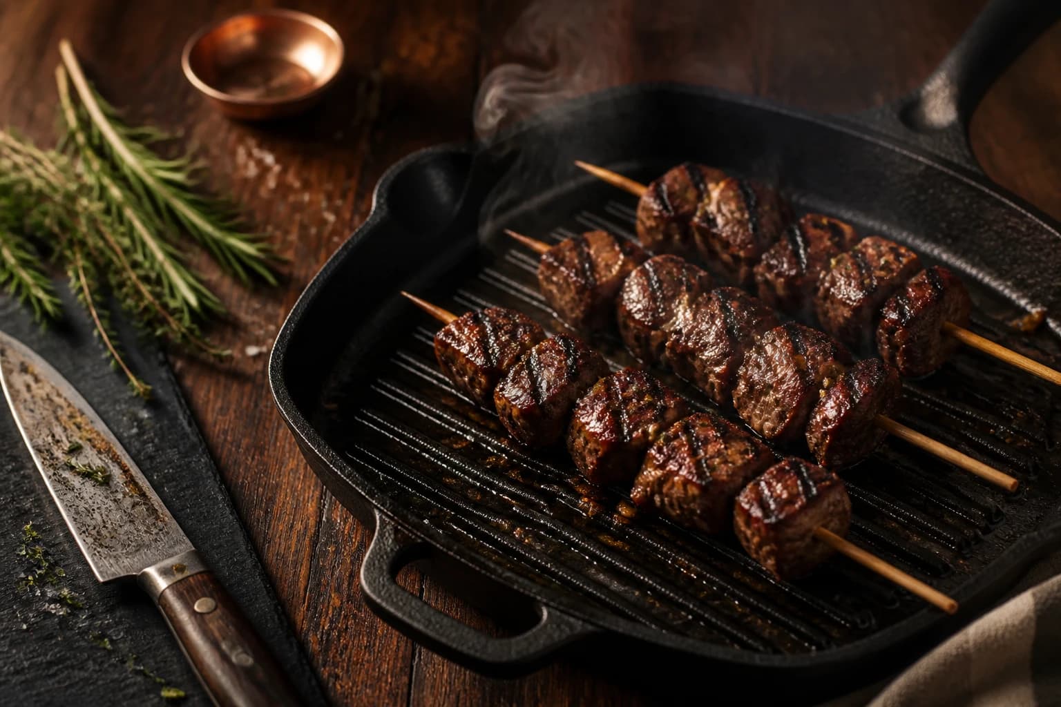 Etape 3 : Monter et saisir les brochettes — Souvlaki d'agneau : brochettes grecques marinées