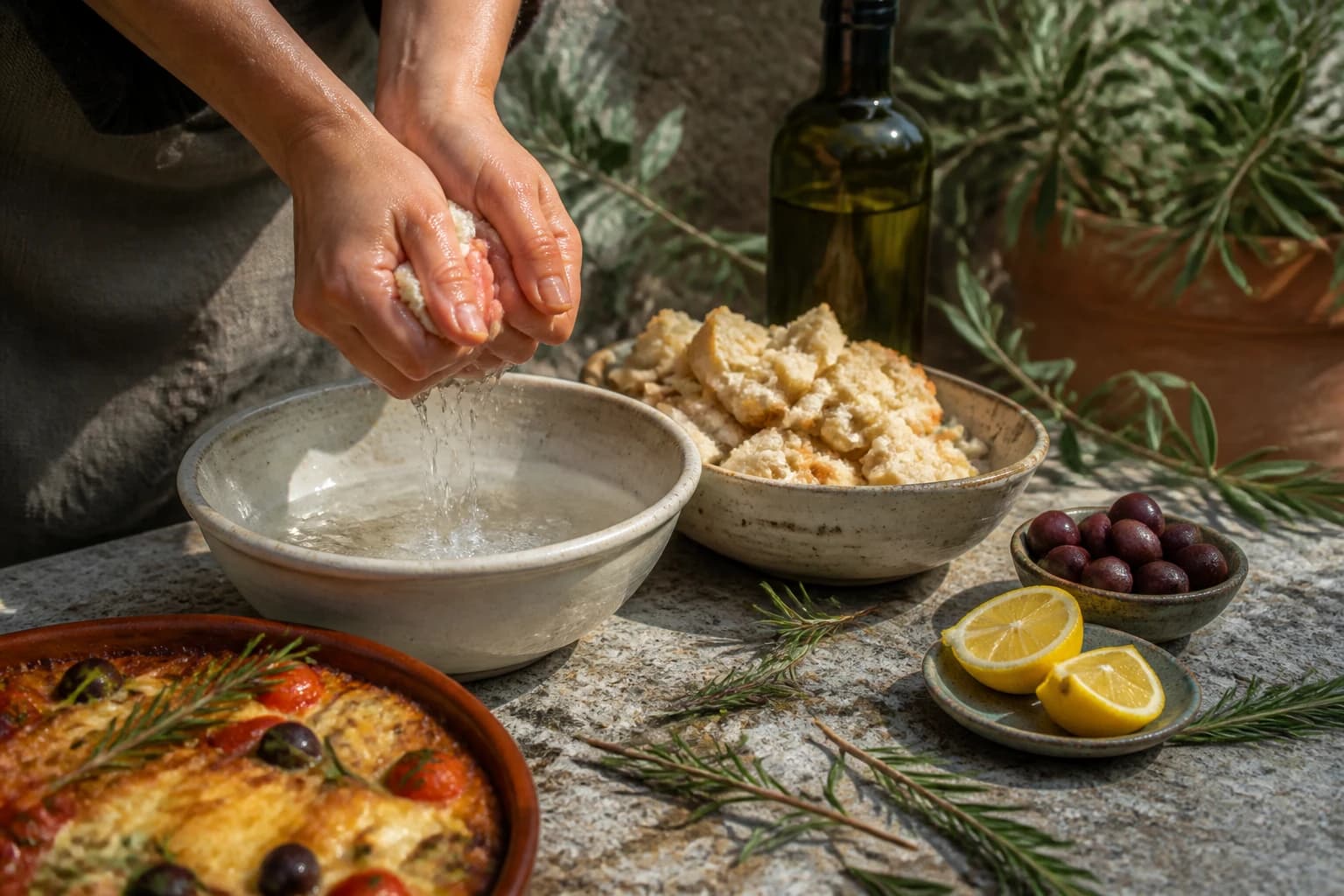 Etape 1 : Préparer le pain ou la pomme de terre — Taramosalata maison : le vrai tarama grec crémeux