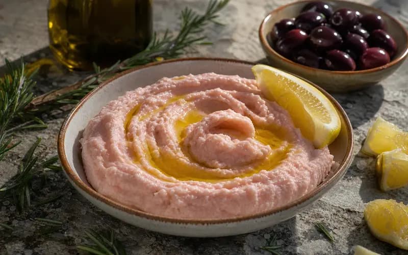 Taramosalata maison crémeux, vrai tarama grec rose pâle à base d'œufs de cabillaud
