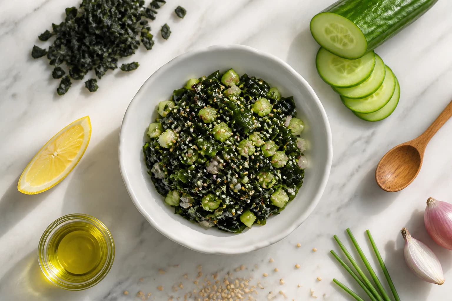 Tartare d'algues wakamé et concombre vegan dressé en emporte-pièce avec graines de sésame et ciboulette