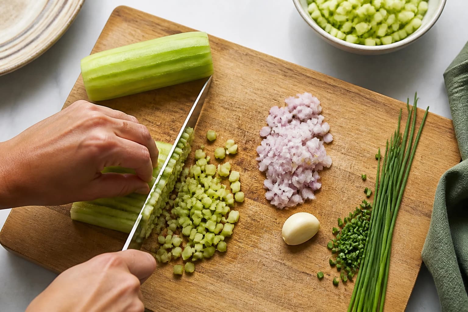 Etape 2 : Préparer le concombre et les aromates — Tartare d'algues wakamé & concombre