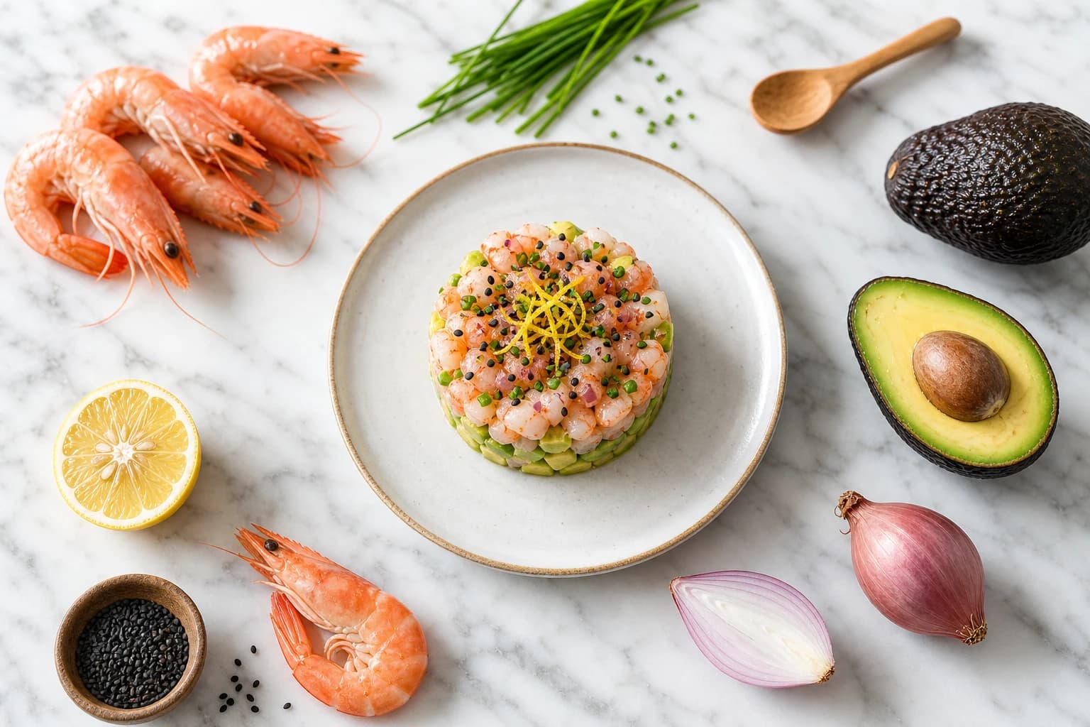 Tartare avocat crevettes yuzu — brunoise en dôme avec ciboulette ciselée et sésame noir