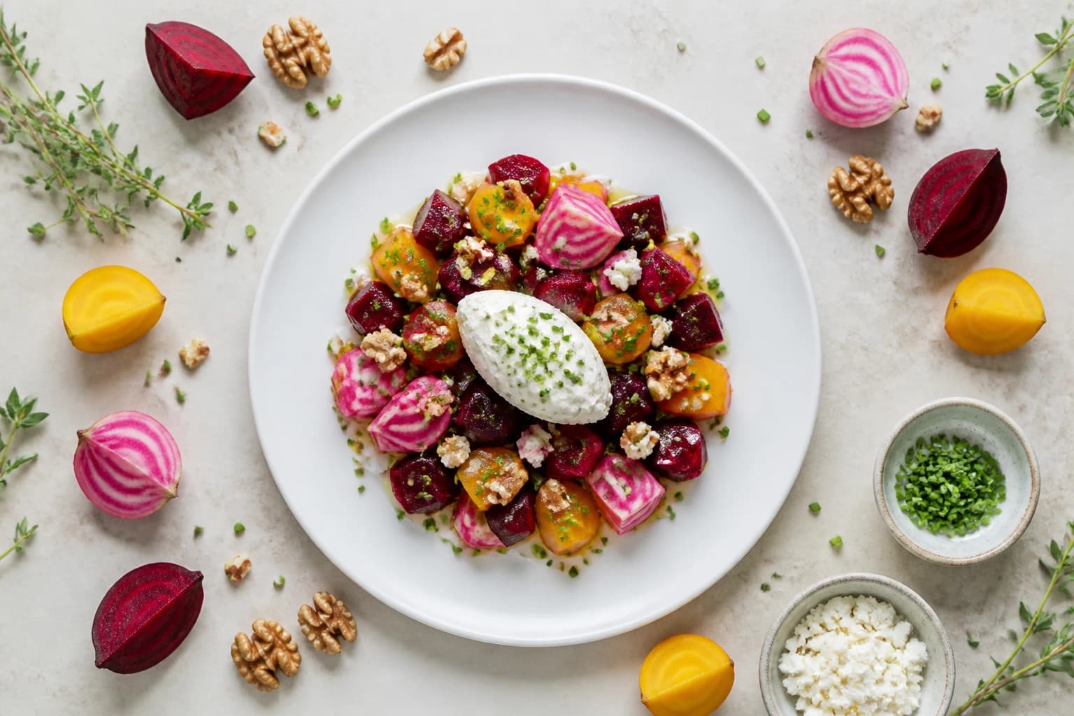 Tartare de betterave crue chèvre frais vue du dessus avec noix torréfiées et ciboulette