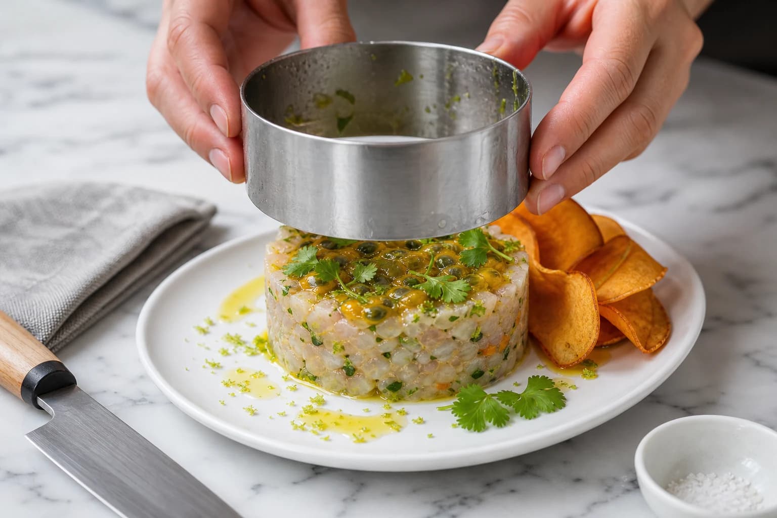 Etape 4 : Dresser et servir — Tartare de cabillaud & passion
