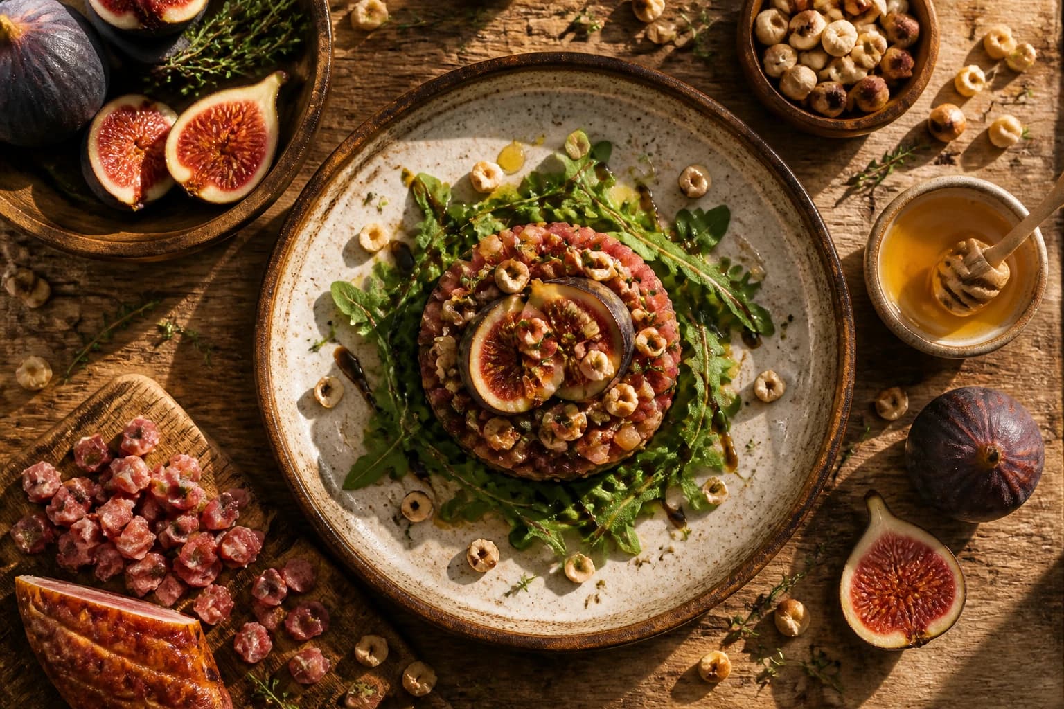 Tartare de canard fumé aux figues violettes avec noisettes et roquette, vue de dessus