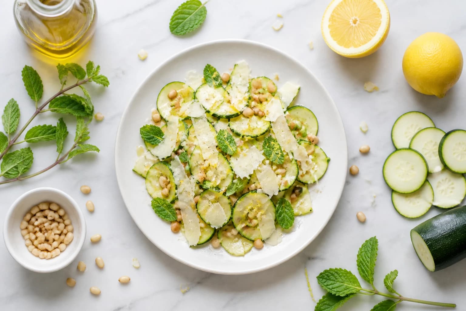 Tartare de courgettes crues à la menthe avec pignons dorés et copeaux de parmesan, vue de dessus sur fond marbre blanc