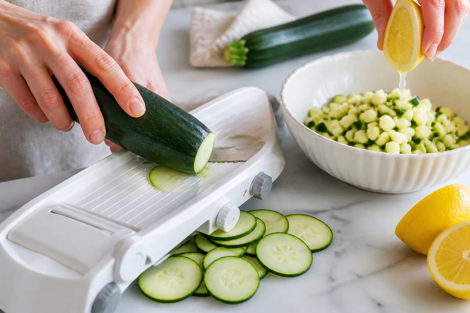 Etape 2 : Tailler les courgettes en tartare — Tartare de courgettes crues à la menthe