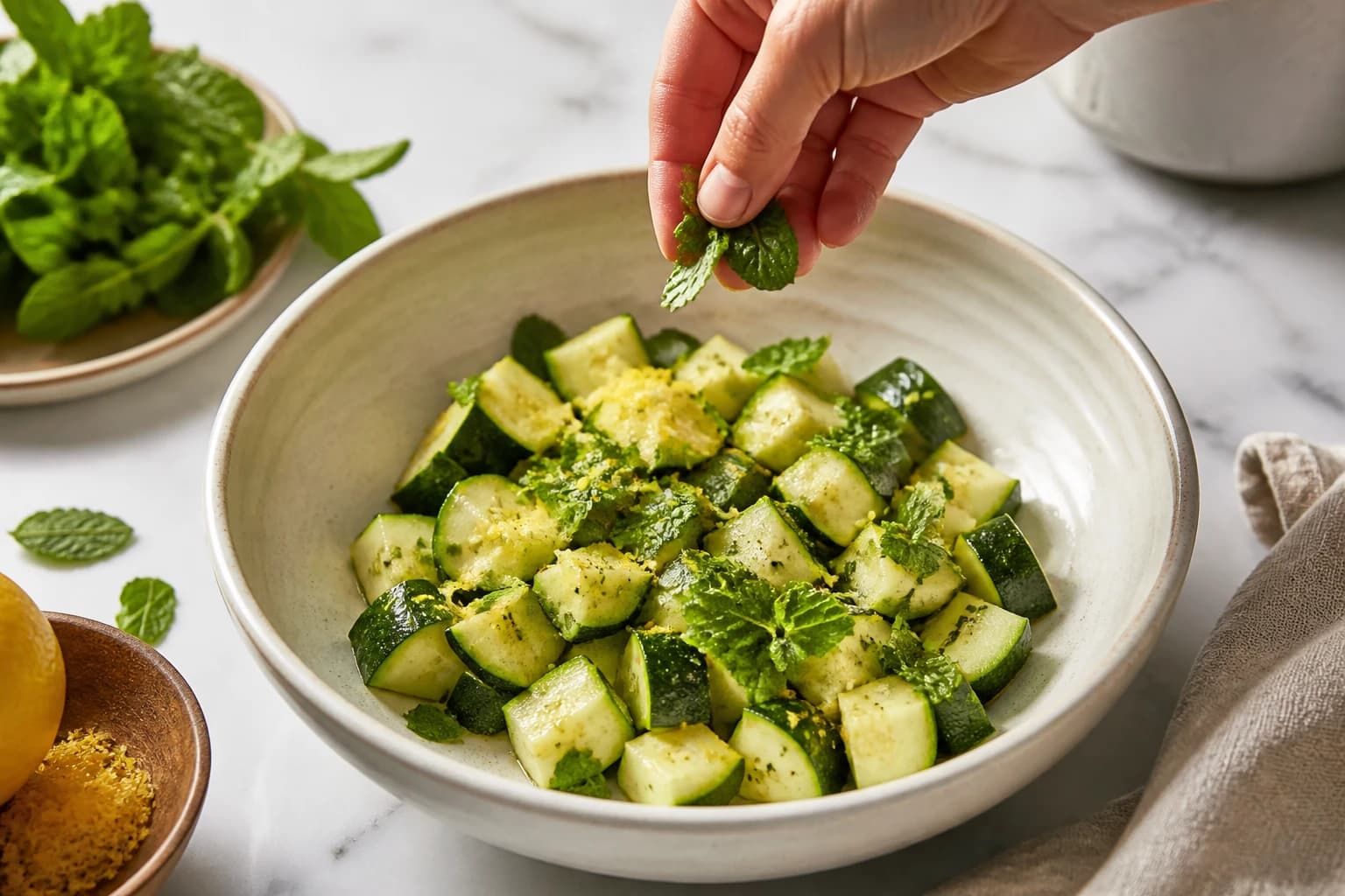 Etape 3 : Incorporer la menthe et dresser — Tartare de courgettes crues à la menthe