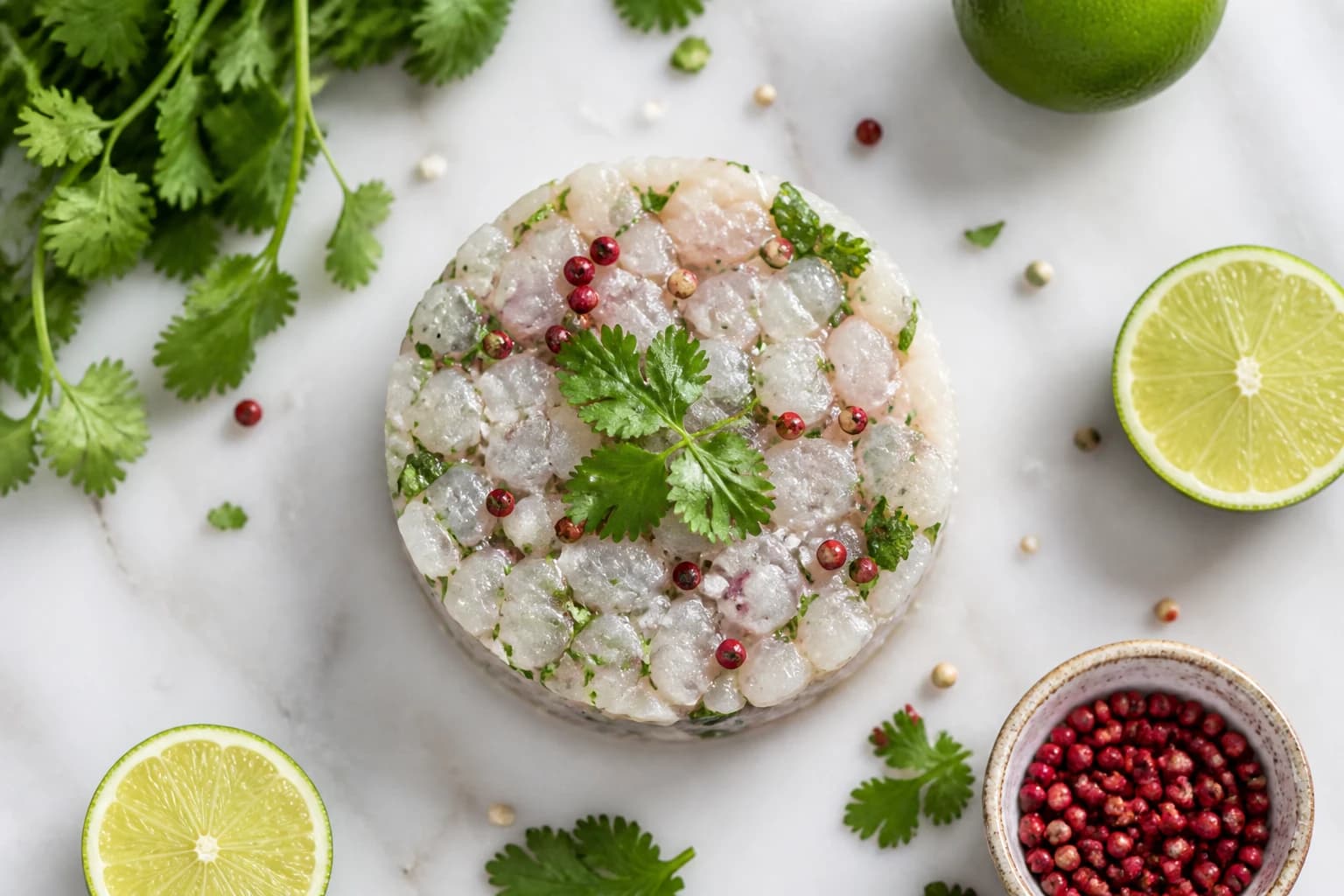 Tartare de dorade citron vert coriandre — vue de dessus avec ingrédients éparpillés