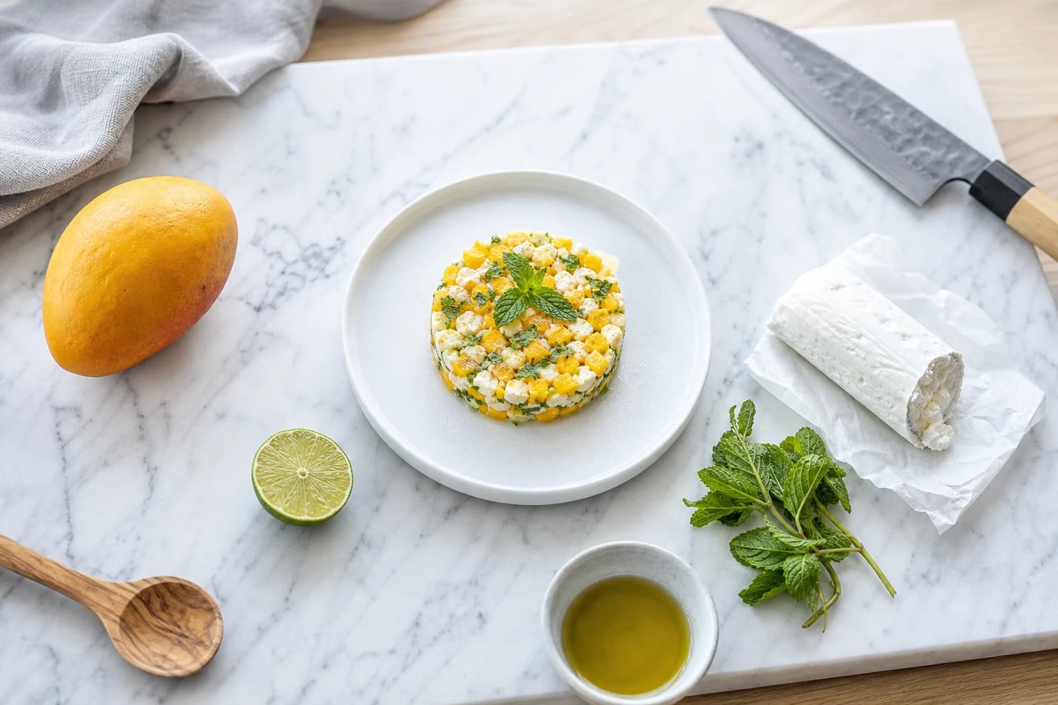 Tartare mangue chèvre menthe vue du dessus avec ingrédients éparpillés
