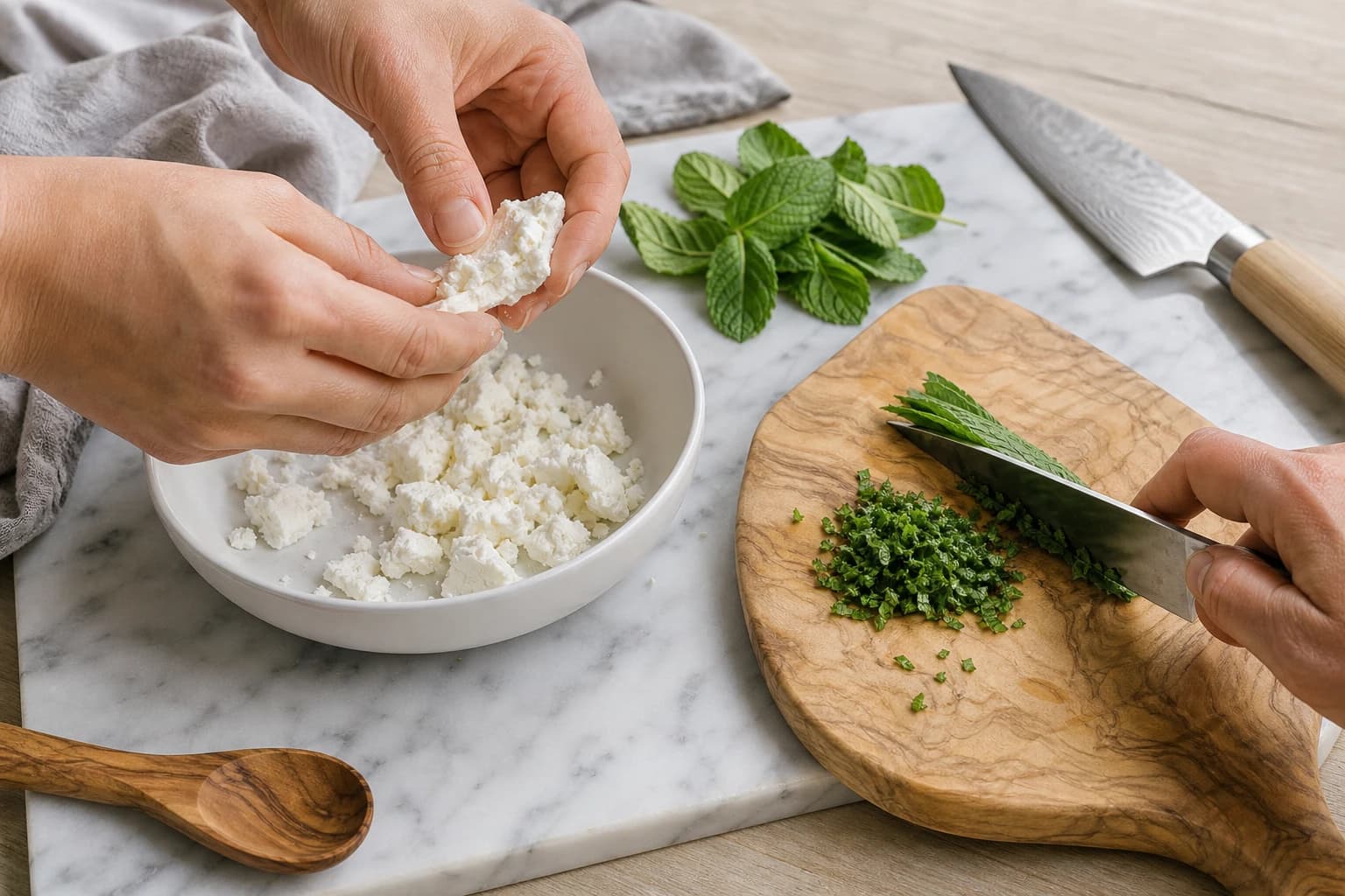 Etape 3 : Émietter le chèvre et ciseler la menthe — Tartare mangue, chèvre & menthe