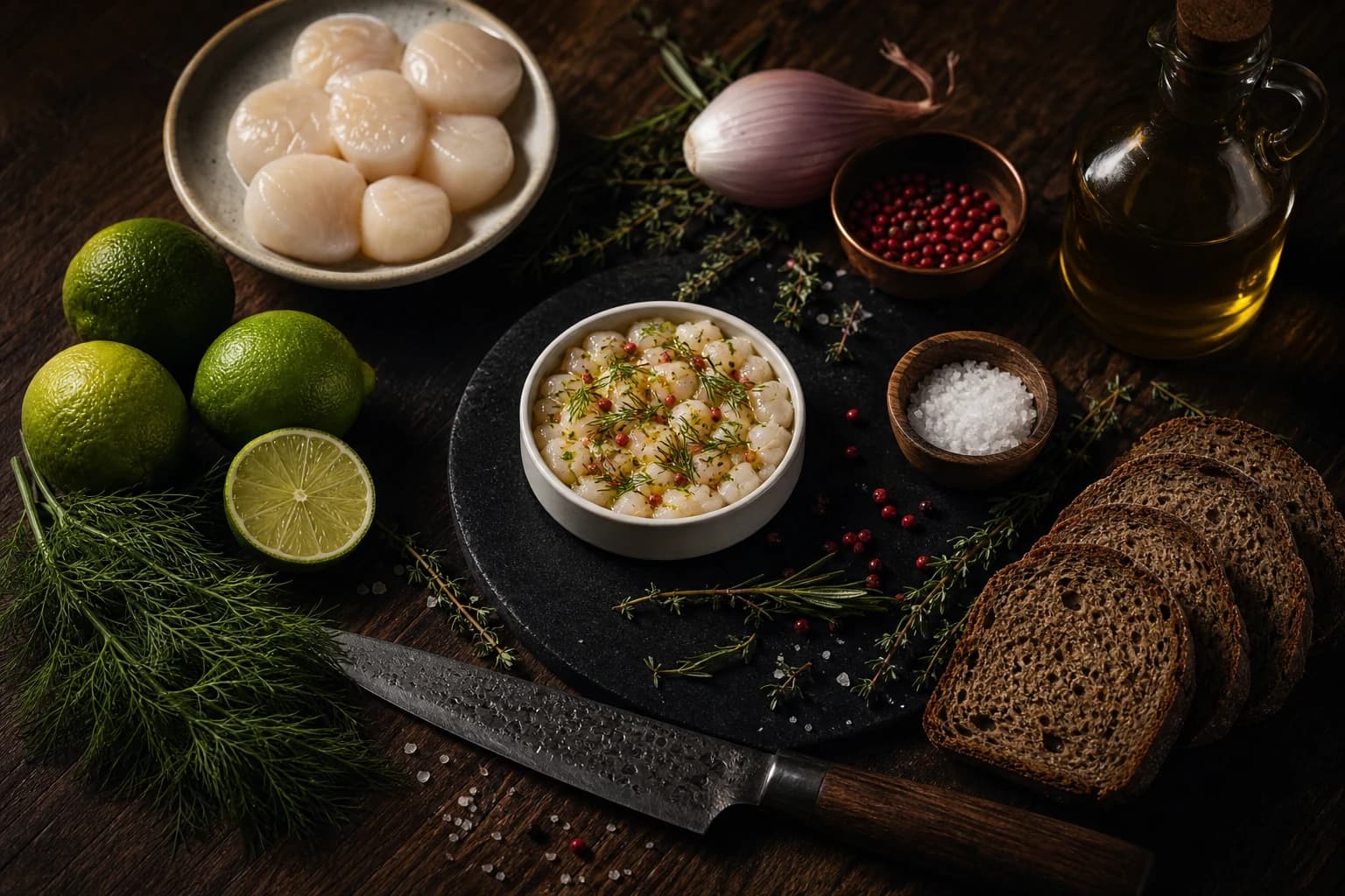 Tartare de Saint-Jacques citron vert aneth — dressage festif avec inventaire d'ingrédients frais