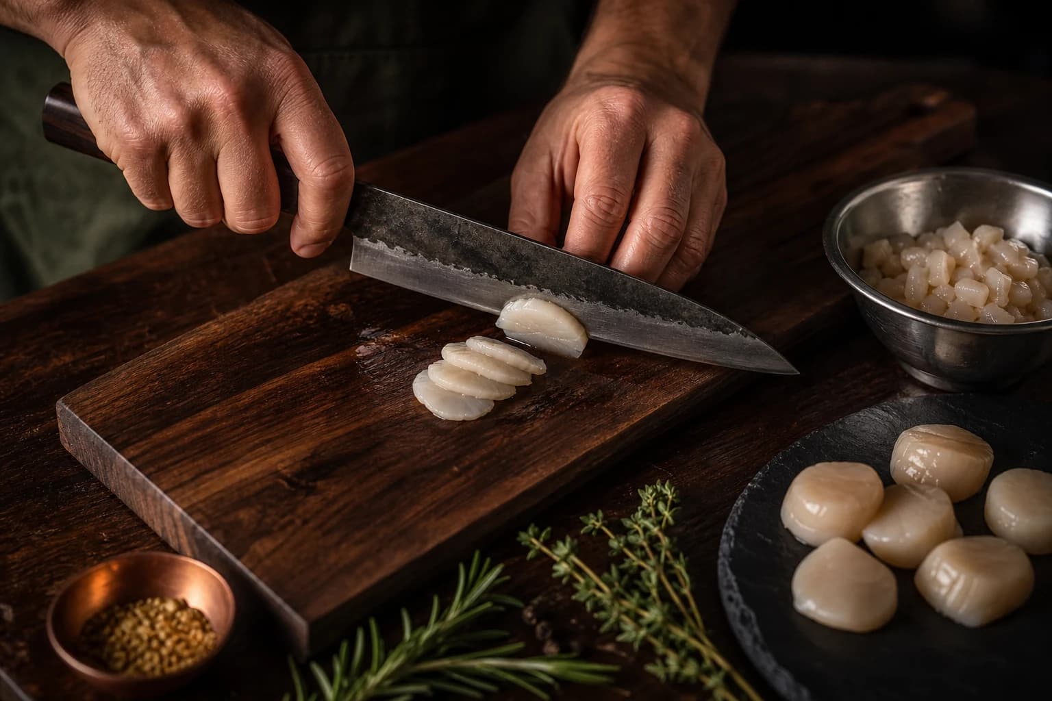 Etape 2 : Tailler la brunoise au couteau — Tartare de Saint-Jacques & citron vert