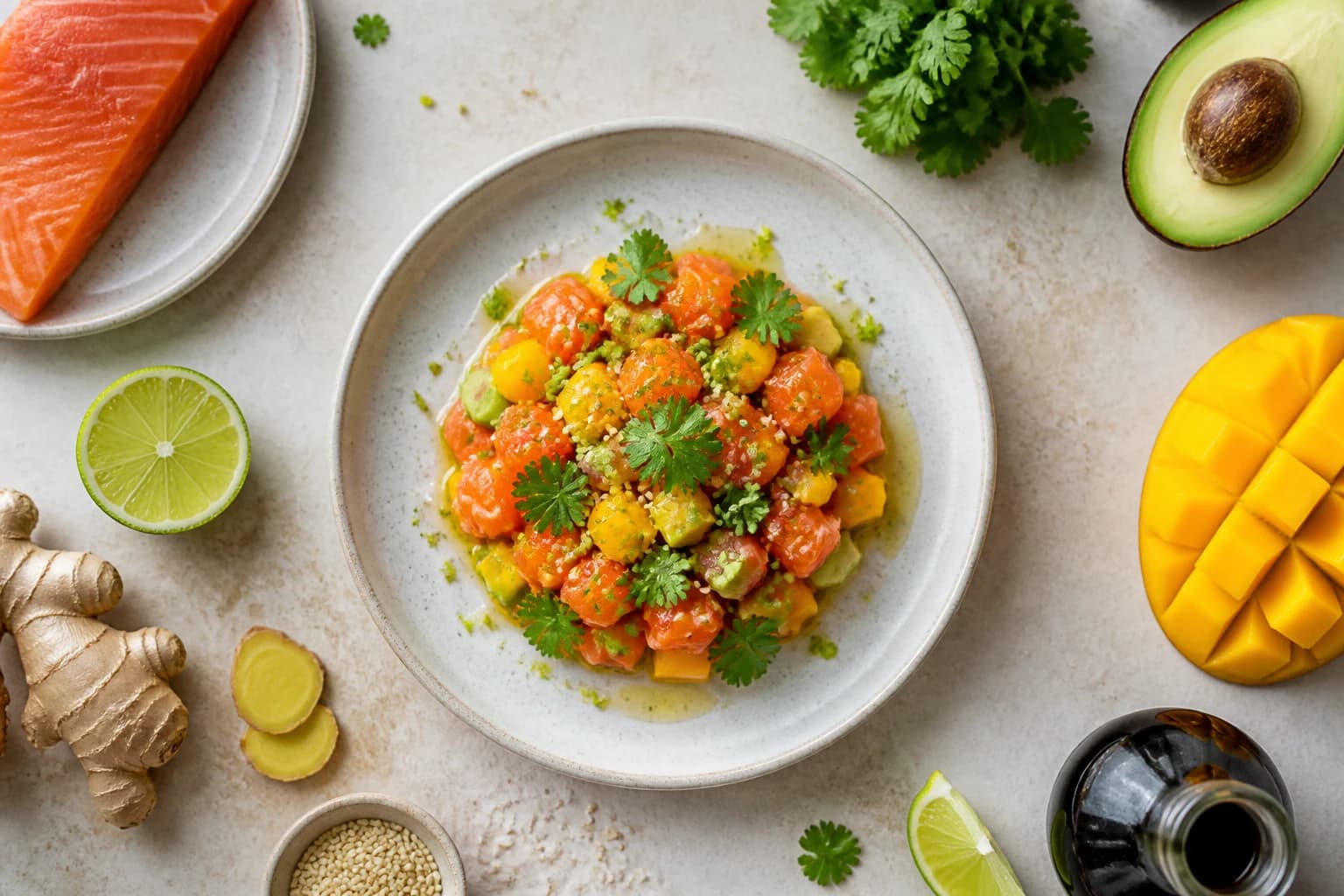 Tartare de saumon mangue avocat vu du dessus avec ingrédients frais disposés autour