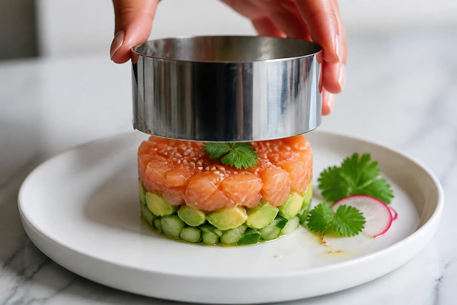 Etape 4 : Dresser et servir immédiatement — Tartare de saumon, mangue & avocat