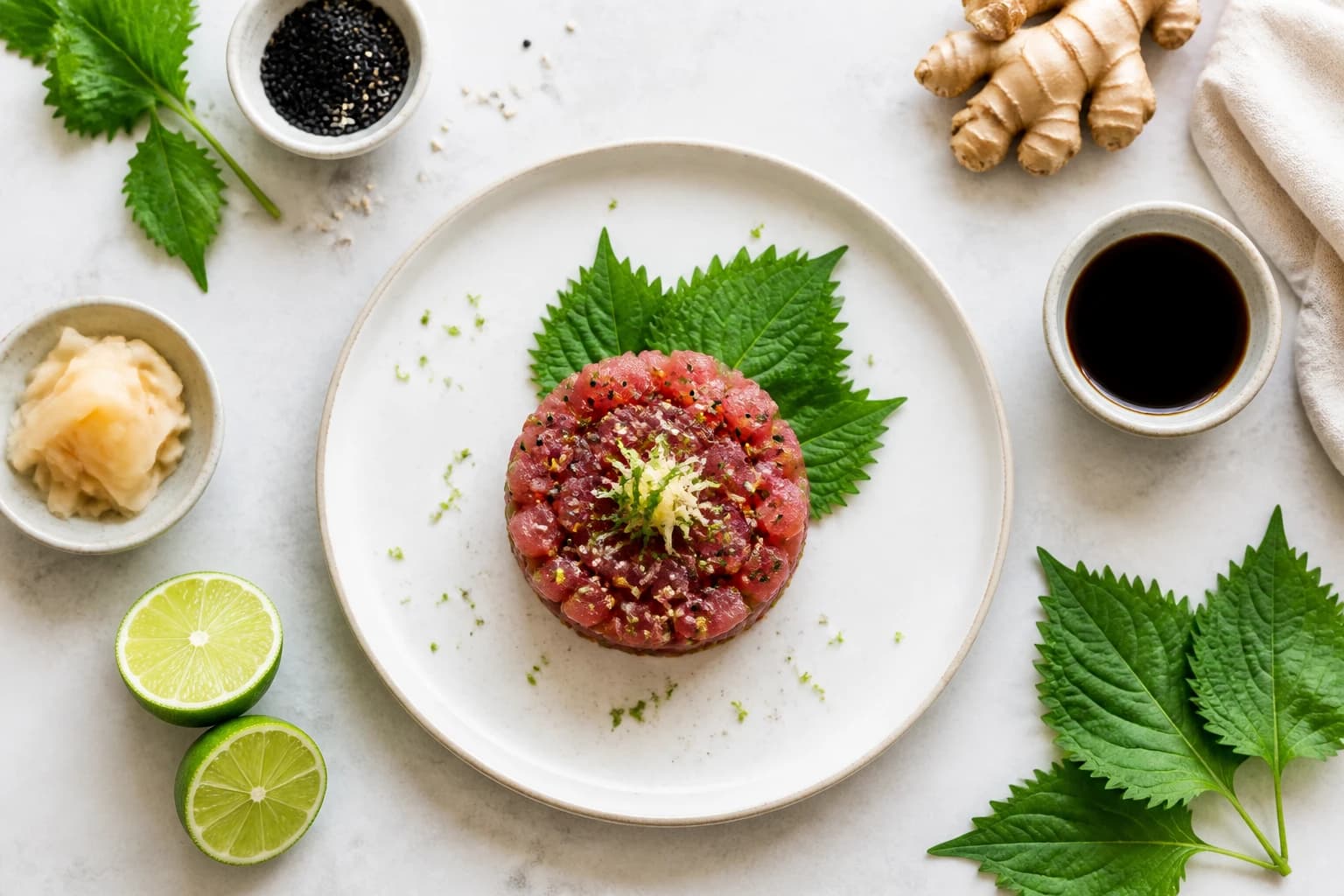 Tartare de thon rouge sésame gingembre vue de dessus avec ingrédients frais disposés autour