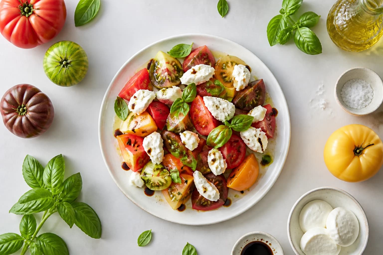 Tartare de tomates anciennes mozzarella di bufala avec basilic frais et vinaigre balsamique, vue de dessus