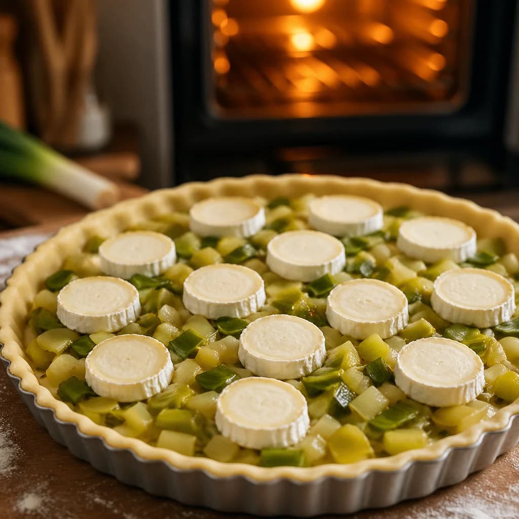 Étape 4 : Garnir et enfourner — Tarte poireaux & chèvre fondante