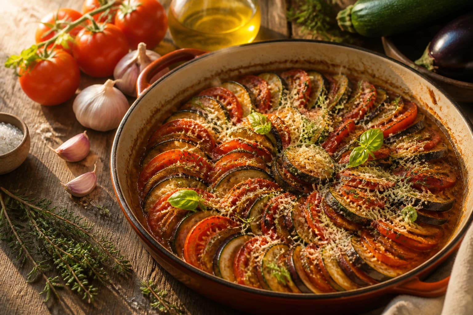 Tian provençal aux légumes du soleil vue du dessus avec courgettes aubergines tomates en éventail