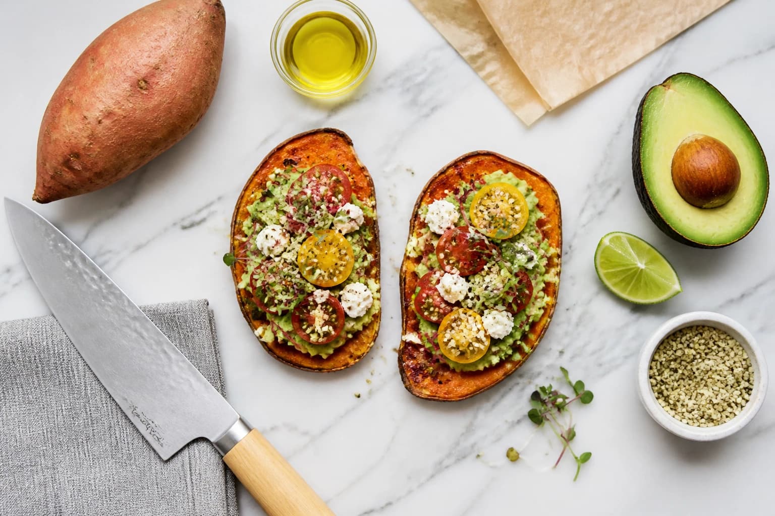 Tranches de toast patate douce garnies d'avocat et graines sur planche en bois