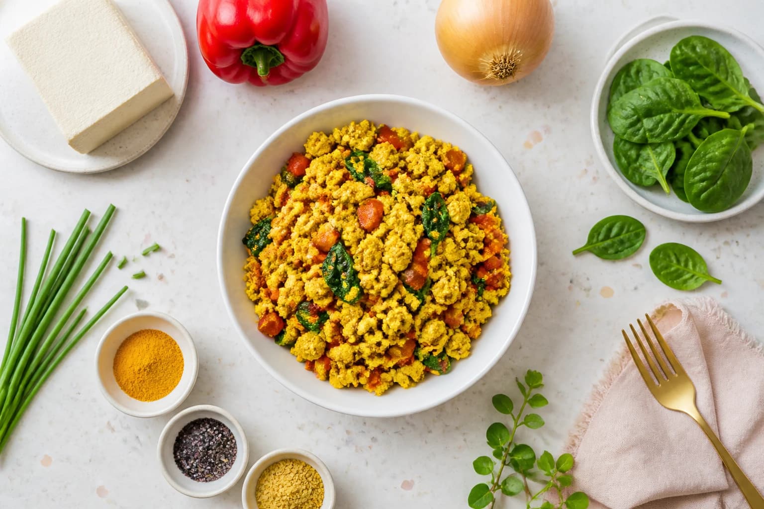 Tofu brouillé façon œufs au curcuma servi dans un bol blanc, parsemé de ciboulette et entouré de poivrons rouges