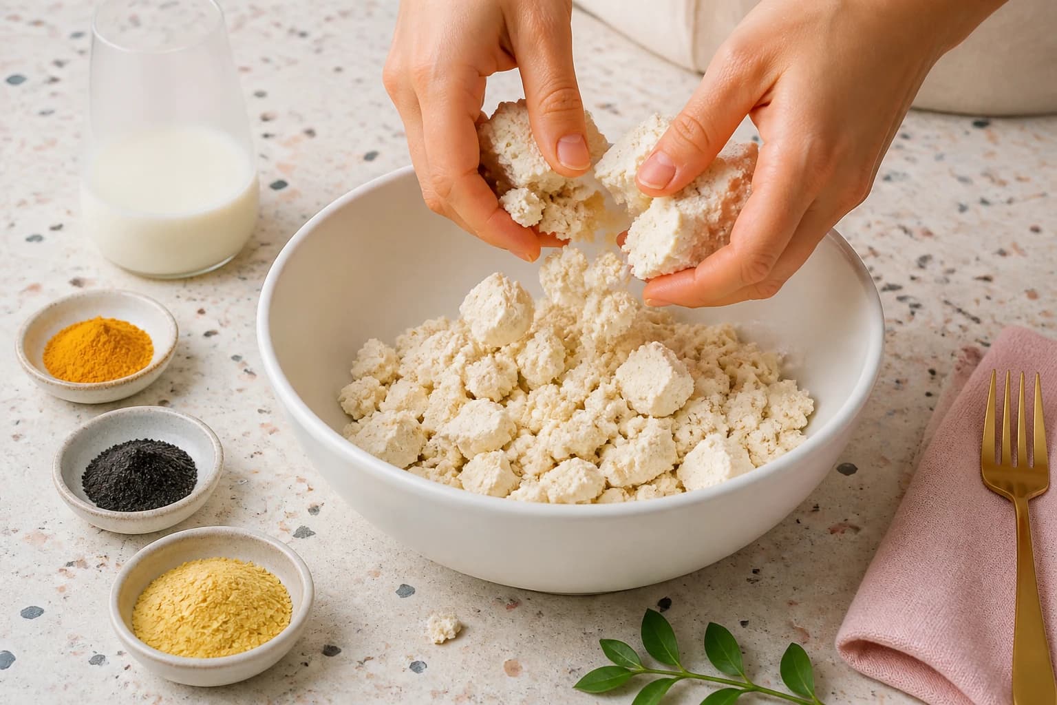 Etape 1 : Presser et assaisonner le tofu — Tofu brouillé façon œufs : 15 g de protéines