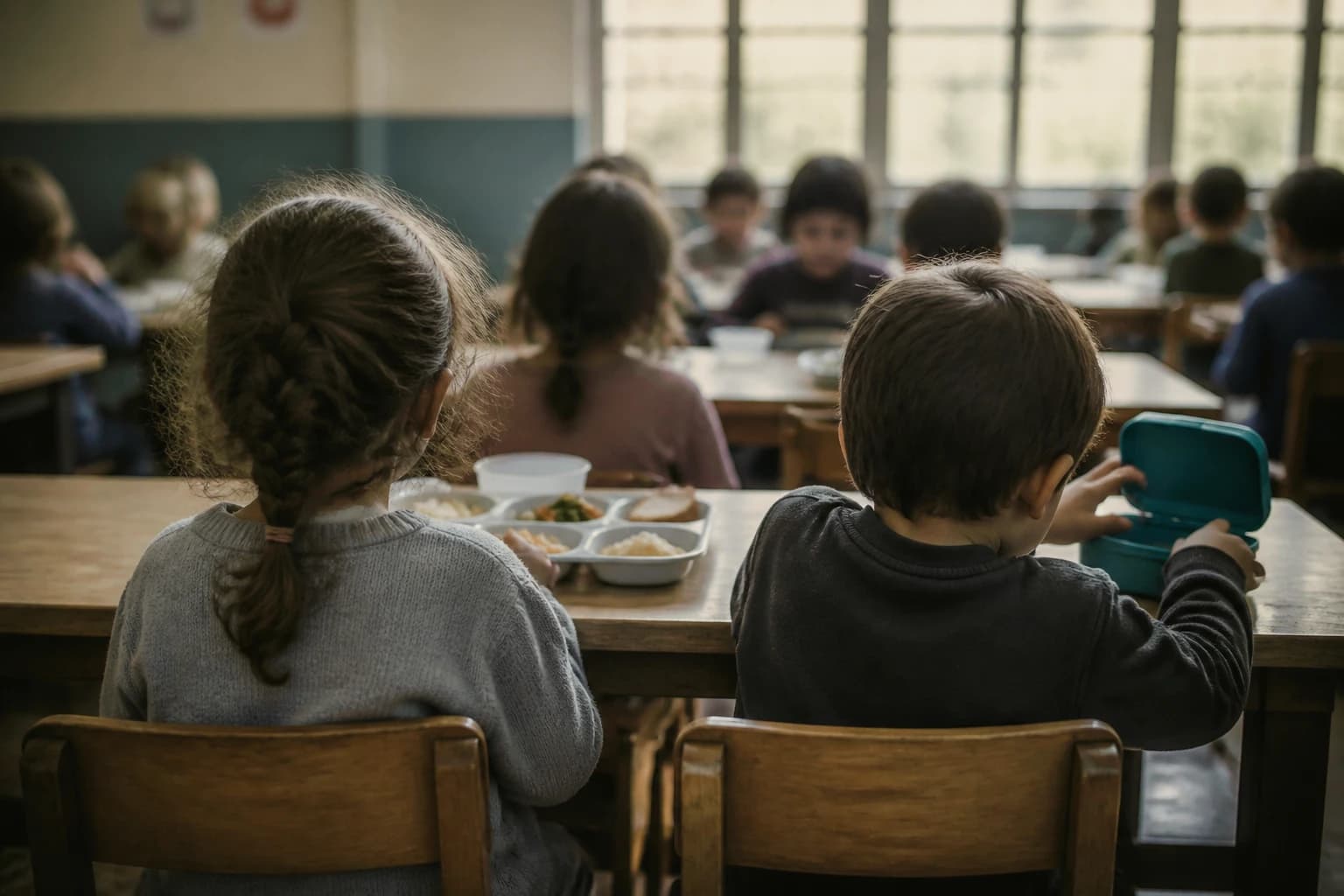 Enfant assis au réfectoire de son école devant un plateau complet, à côté d'un camarade qui ouvre sa boîte repas apportée de la maison