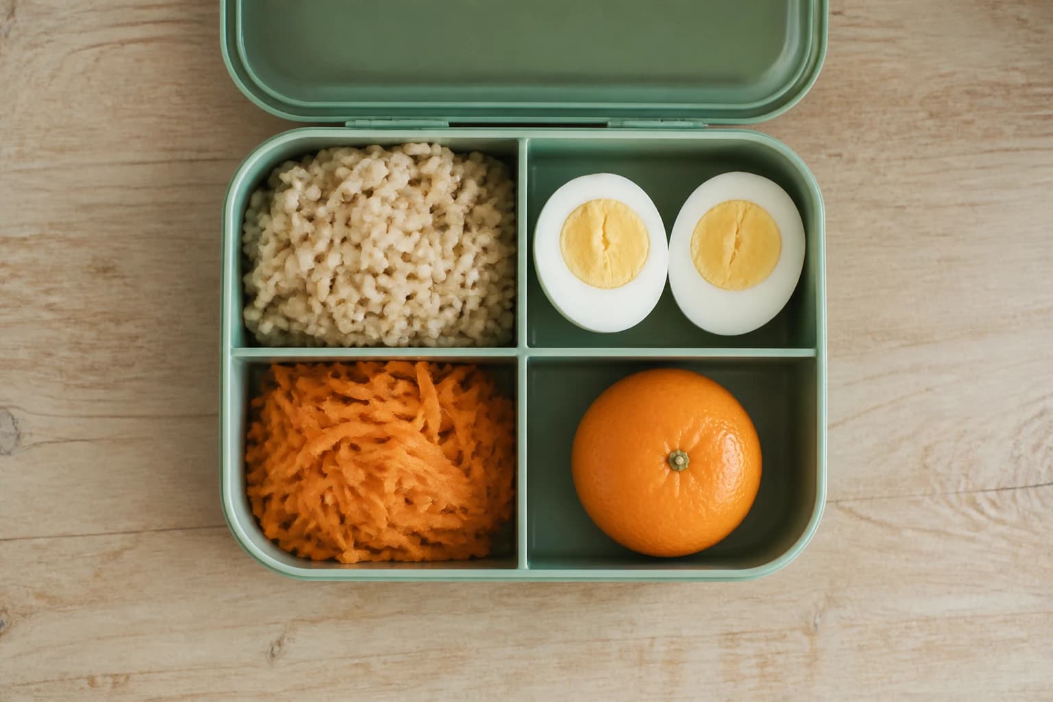 Quatre compartiments d'une boîte repas d'enfant contenant riz complet, œuf dur, carottes râpées et une clémentine, posés sur un plan de travail clair
