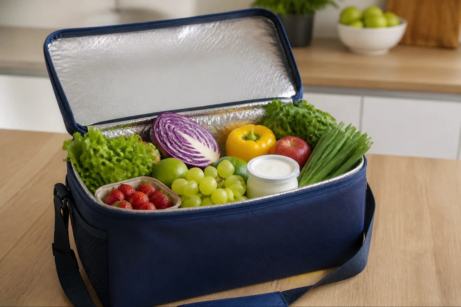 Sac isotherme rempli de courses fraîches posé sur une table de cuisine