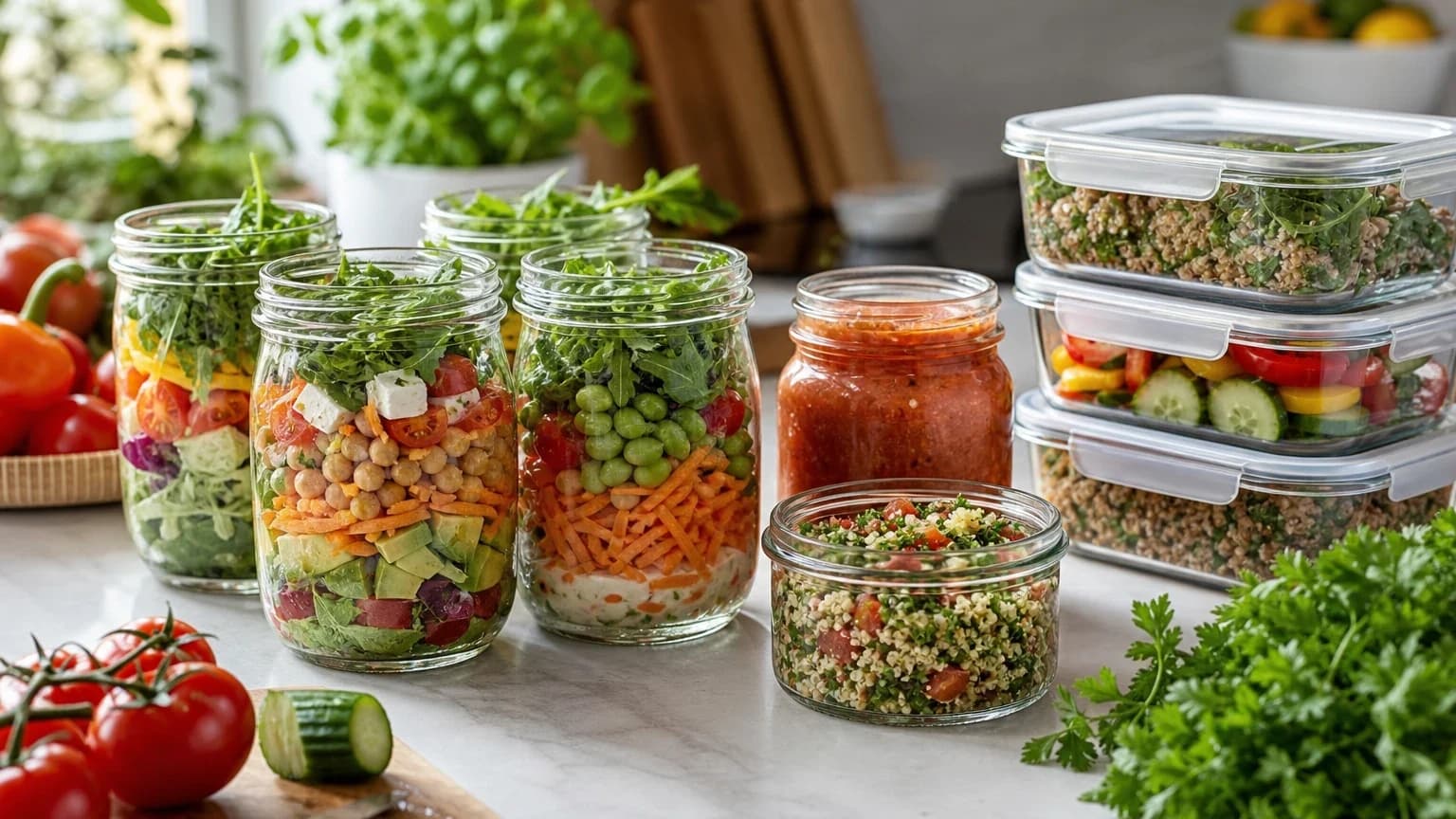 Bocaux de salades étagées, gaspacho et taboulé en bocal, et boîtes de repas prêtes à ranger au réfrigérateur pour la semaine