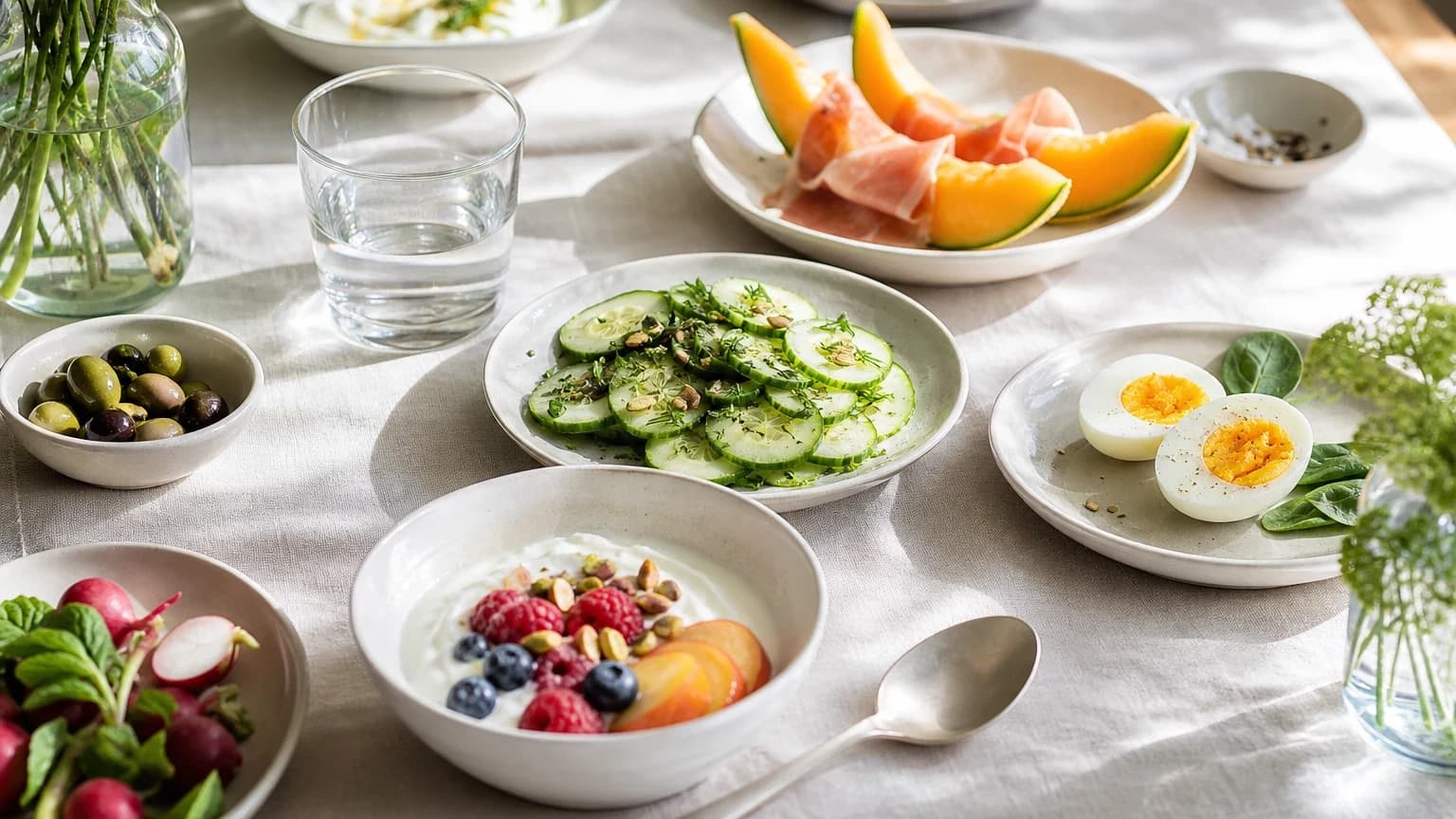 Table d'été dressée avec plusieurs petites assiettes légères réparties dans la journée : rondelles de concombre, yaourt aux fruits rouges, œuf dur et tranches de melon