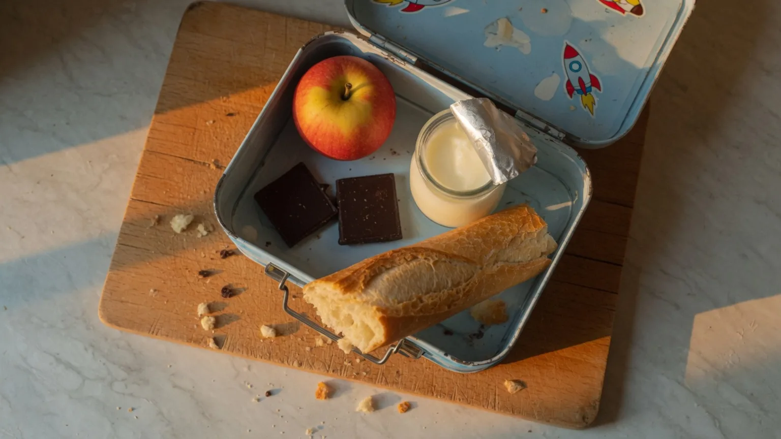Assiette de goûter d'enfant : une tranche de pain, un peu de chocolat, un fruit entier et un laitage