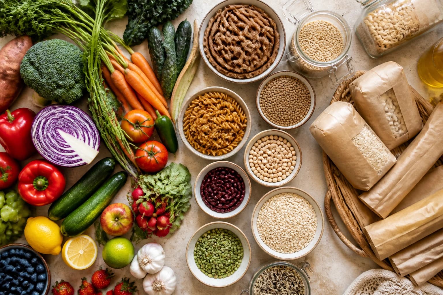 Panier de courses trié avec fruits, légumes, féculents complets et légumineuses posés sur un plan de travail
