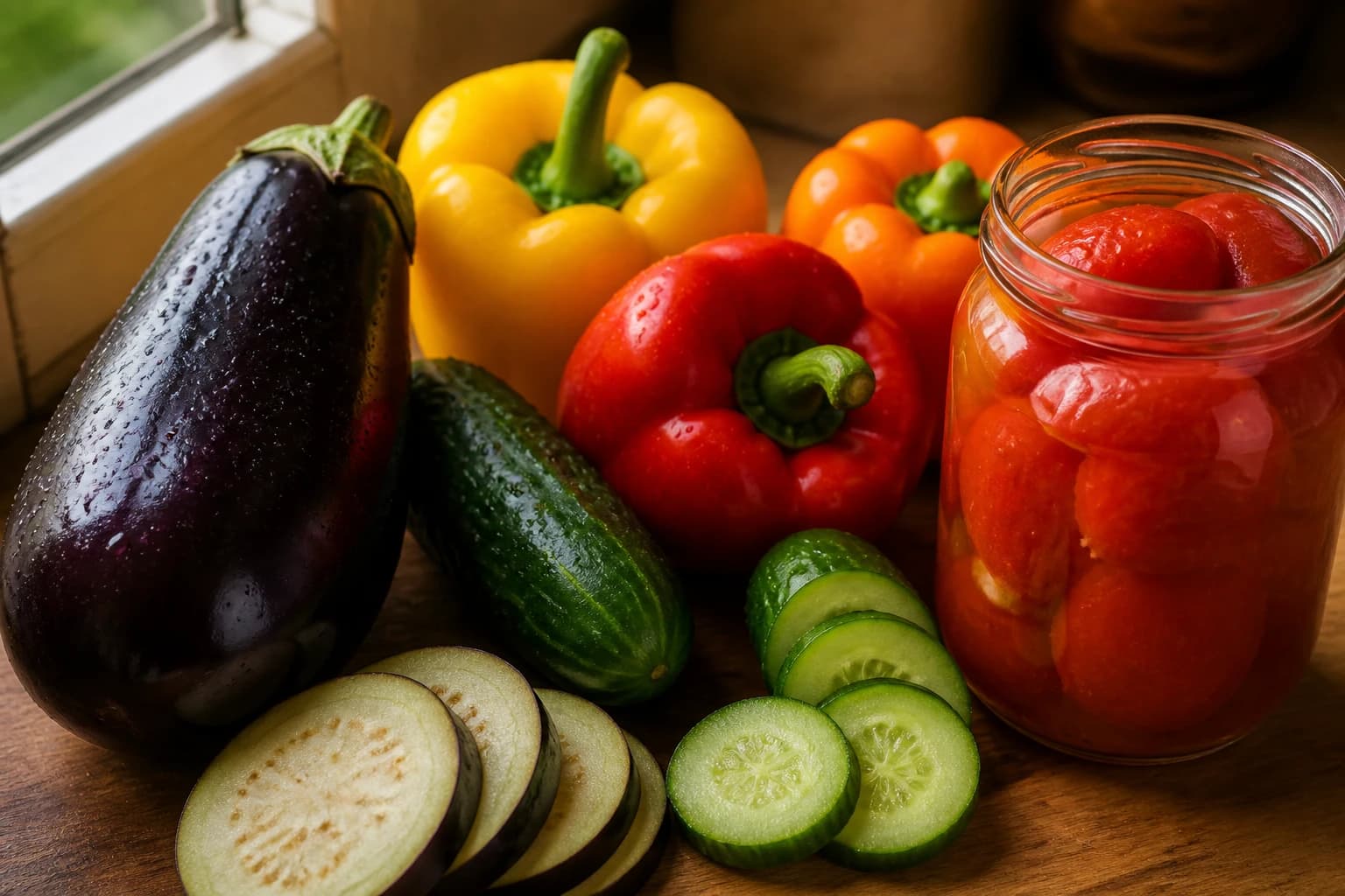 Aubergine, poivron, concombre et conserve de tomates pelées disposés sur un plan de travail en bois, alternative économique aux légumes d'été les plus chers