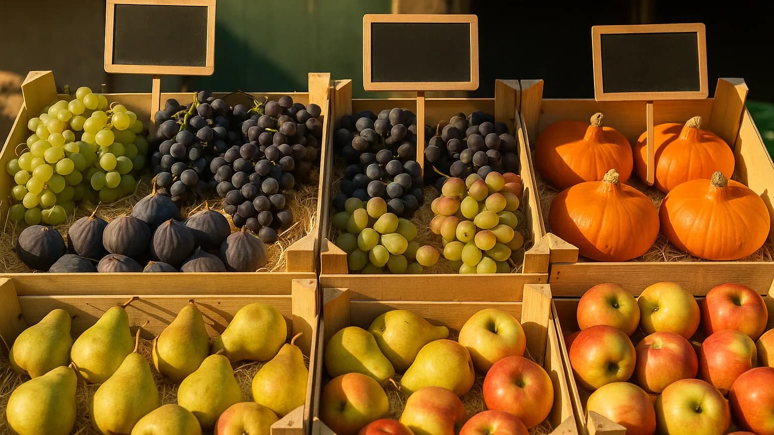 Un étal de marché français en septembre avec des cagettes de raisin, de figues, de poires et de petits potimarrons