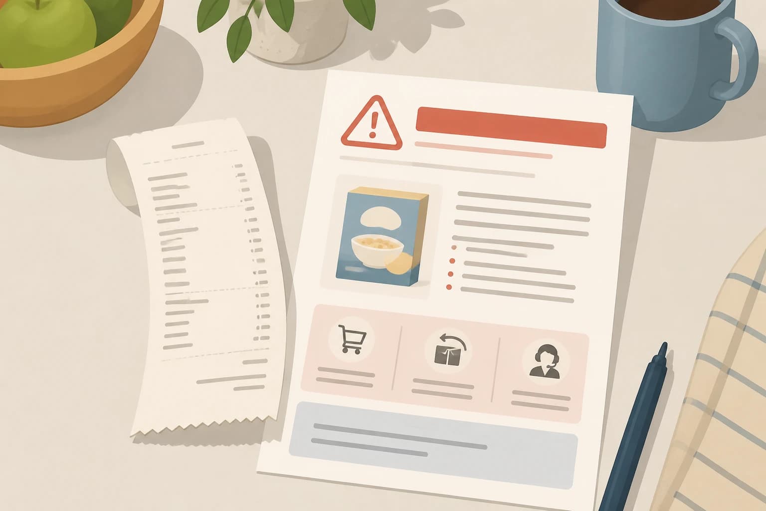 Ticket de caisse et avis de rappel produit posés sur une table de cuisine
