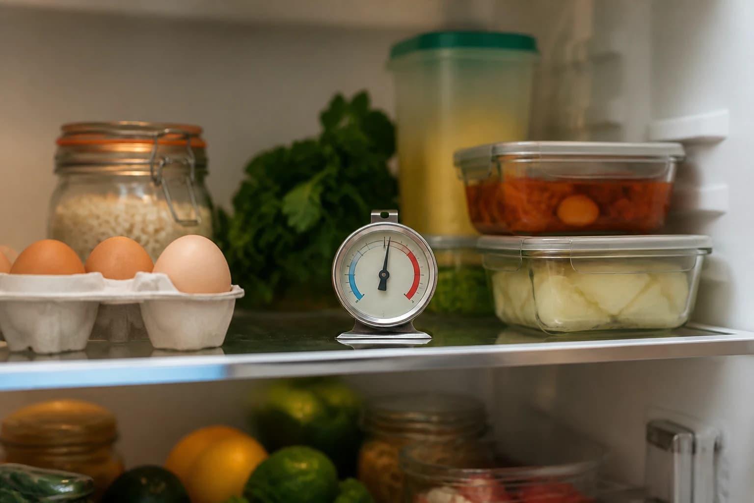 Réfrigérateur ouvert avec un thermomètre à cadran posé sur une clayette